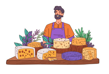 Cheese vendor with assorted cheeses and herbs. Smiling man in apron behind cheese selection with leafy greens and grapes on wooden board. Market themeのイラスト素材