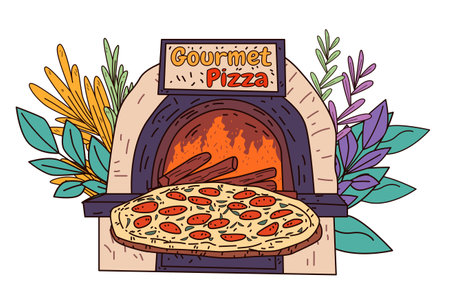 Pizza oven with gourmet theme showing a wood-fired oven with a pizza and decorative leaves. Colorful design perfect for food-related projectsのイラスト素材