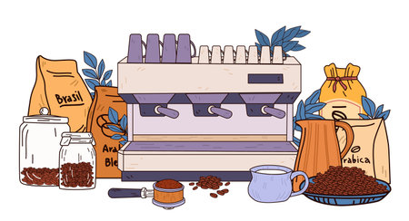 Coffee machine with beans and accessories. Espresso setup with coffee bags jars portafilter and milk jug. Colorful elements on white backgroundのイラスト素材