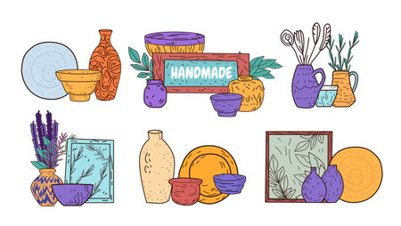 Handmade pottery decor collection rustic style. Colorful vases bowls plates with floral elements and abstract patterns. Home decor design elementsのイラスト素材