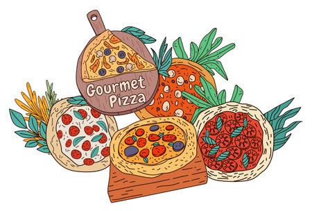 Gourmet pizza variety colorful toppings herbs artistic food design with vibrant colors and detailed ingredients perfect for menu or culinary websiteのイラスト素材