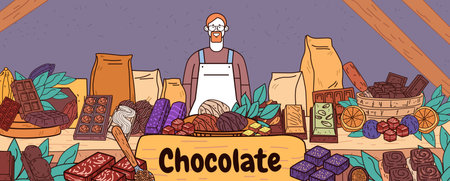 Chocolate market stall with vendor showcasing various chocolate bars truffles cocoa leaves and oranges in a cozy setting. Ideal for website design or bannerのイラスト素材