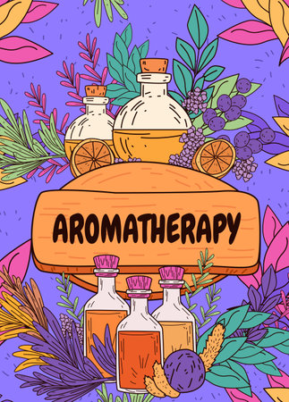Aromatherapy essential oils bottles surrounded by vibrant leaves and fruits in a colorful nature-inspired design. Perfect for wellness themesのイラスト素材