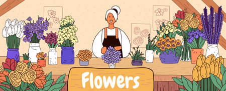 Florist shop colorful flowers arrangement smiling woman surrounded by various blooms in vases cheerful atmosphere indoor decor banner designのイラスト素材