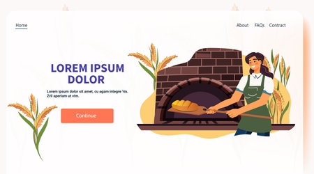 Baker with bread in front of brick oven smiling woman holding loaf wheat plants background website design templateのイラスト素材