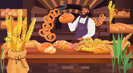 Bakery shop baker holding bread smiling surrounded by various baked goods wheat brick oven colorful warm tones cozy atmosphereのイラスト素材