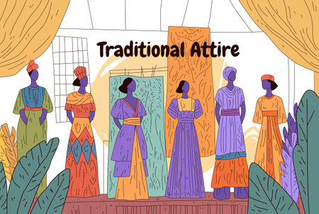 Traditional attire fashion show vibrant dresses colorful patterns diverse cultural clothing display abstract background design templateのイラスト素材