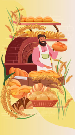 Baker holding bread in rustic bakery scene with a variety of fresh loaves wheat and a brick oven warm colors decorative elementsのイラスト素材
