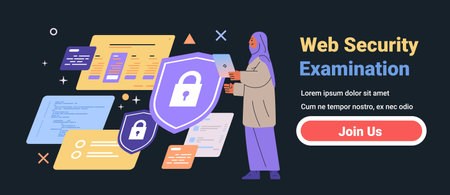 Web security examination concept with woman holding tablet surrounded by floating security shields and code snippets dark background website bannerのイラスト素材