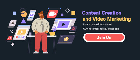 Content creation and video marketing concept Man standing among digital media icons and screens Dark background Website bannerのイラスト素材