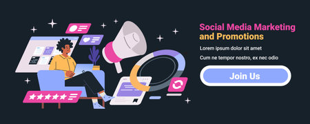 Social media marketing man using laptop megaphone icons charts dark background website bannerのイラスト素材