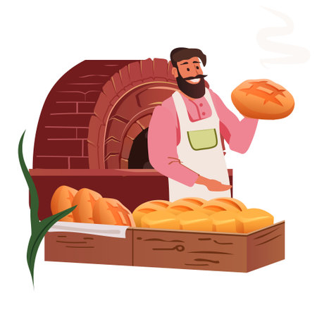 Baker holding fresh bread smiling bakery. Rustic oven bread display man in apron holding loaf steaming bread. Warm colors cozy scene bakery themeのイラスト素材