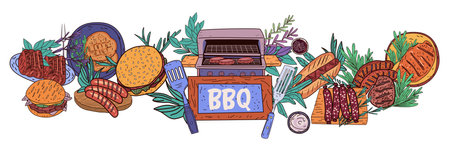 BBQ food grill illustration burgers sausages steaks vegetables colorful arrangement barbecue theme cooking utensils herbs outdoor diningのイラスト素材