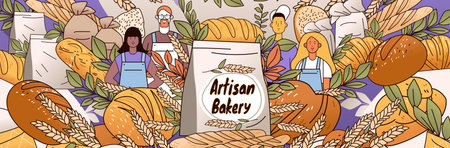 Artisan bakery concept with diverse bakers surrounded by various bread types wheat and leaves in a colorful setting. Ideal for website design or bannersのイラスト素材