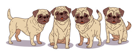 Pug dogs cartoon style cute animals. Four adorable pugs with expressive faces standing together on a white background. Perfect for pet-themed designsのイラスト素材