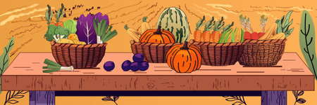 Harvest vegetables autumn scene colorful produce baskets pumpkins table vibrant background rustic designのイラスト素材