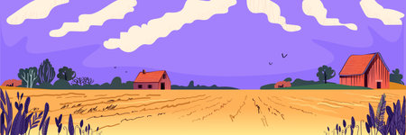 Rural landscape with fields and barns serene countryside scene with vivid colors open sky rolling clouds plants in foreground digital art design templateのイラスト素材