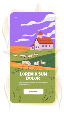 Farm landscape with sheep grazing in a field under a purple sky and clouds near a farmhouse with a red roof on a mobile app screenのイラスト素材