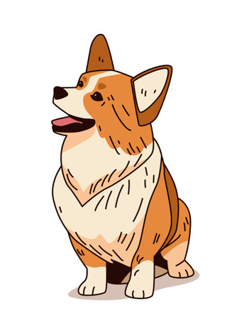Corgi dog sitting cartoon style cute pet illustration orange white fur playful design isolated on white backgroundのイラスト素材