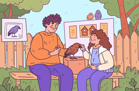 People bonding with bird nature interaction colorful outdoor scene with two individuals sitting on a bench petting a bird surrounded by trees and artworkのイラスト素材