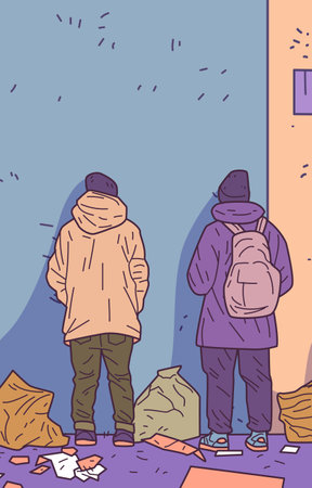 Homeless people standing against wall urban scene debris colorful clothing minimalistic street art styleのイラスト素材