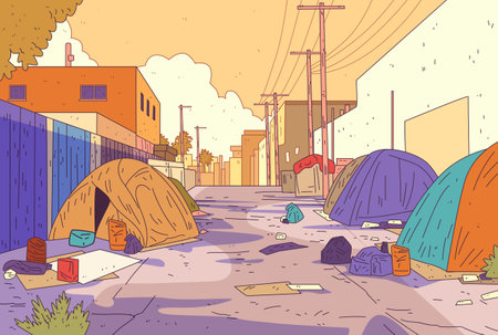 Urban homelessness scene tents street alleyway colorful buildings power lines scattered debris warm tonesのイラスト素材