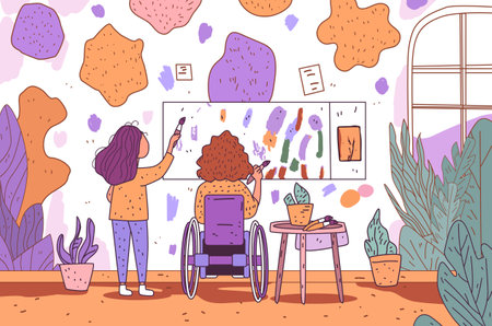 People painting together creativity art scene colorful abstract shapes plants wheelchair indoor settingのイラスト素材