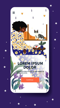 Woman with cat cozy home scene. A woman sits by a window with a cat and plants in a floral outfit. Stars and hearts accent the design. Mobile app screenのイラスト素材