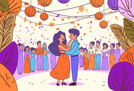 Dancing couple celebration joyful gathering colorful crowd festive atmosphere lanterns leaves decorative design templateのイラスト素材
