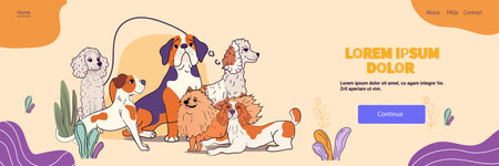 Dogs group togetherness colorful design features various dog breeds sitting on a stylized background with abstract shapes and plants. Website banner templateのイラスト素材
