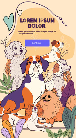 Dogs together playful scene with various breeds surrounded by leaves and abstract shapes in soft colors pet companionship website design templateのイラスト素材
