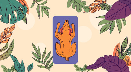 Dog relaxation nature theme orange canine lying on back on purple mat surrounded by tropical leaves beige background playful design website bannerのイラスト素材