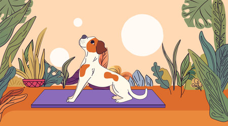 Dog yoga nature scene relaxation plants colorful background peaceful atmosphere website designのイラスト素材