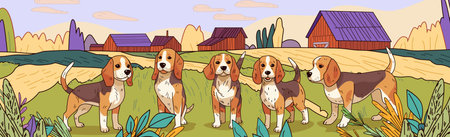 Beagle dogs farm landscape countryside scene five beagles standing in grassy field surrounded by colorful plants and barns under a clear sky rural settingのイラスト素材
