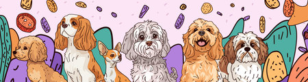 Dogs with playful expressions surrounded by colorful treats vibrant background featuring various dog breeds and floating snacks pastel colors pet-themed bannerのイラスト素材