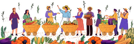 Farmers market people selling fresh vegetables colorful carts diverse group vibrant scene plants hats outdoor setting banner designのイラスト素材