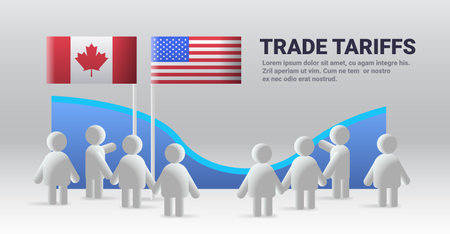Trade tariffs concept with flags and figures. People gather under Canada and USA flags with abstract graph background. Business conflict themeのイラスト素材