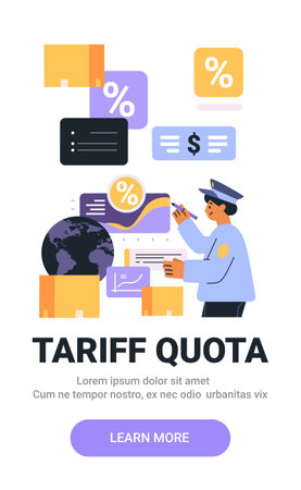 Trade tariffs concept customs officer examining documents globe boxes percentage signs colorful elements modern designのイラスト素材