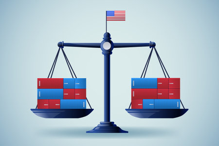 Scales with shipping containers balance trade concept with American flag blue background economic themeのイラスト素材