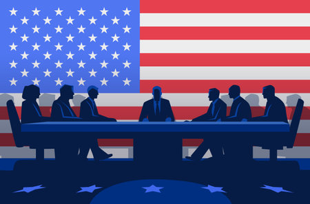 Trade negotiation meeting silhouettes against American flag background depicting business diplomacy and international relations in blue and red tonesのイラスト素材