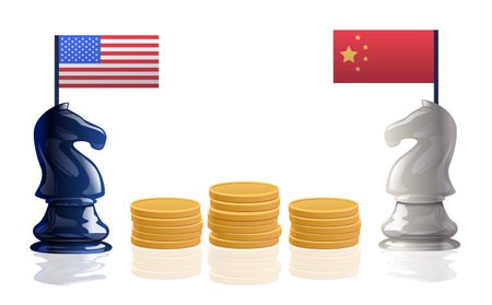 Trade war chess pieces flags coins. Concept of economic conflict depicted by knight chess pieces with country flags and gold coins on reflective surfaceのイラスト素材
