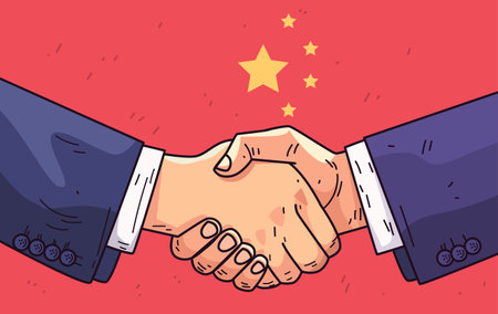 Handshake trade agreement concept two hands shaking against a red background with stars representing international cooperation business dealのイラスト素材