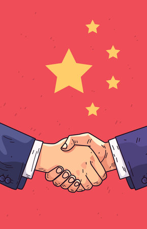 Handshake with China flag background symbolizes trade agreement business partnership diplomacy red backdrop suitsのイラスト素材