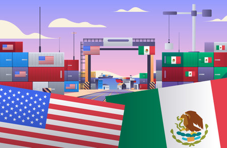 Trade war concept USA Mexico shipping containers flags port scene vibrant colors international trade tensionsのイラスト素材