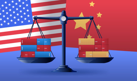 Trade war balance concept scales shipping containers flags background economic tension global competition digital designのイラスト素材
