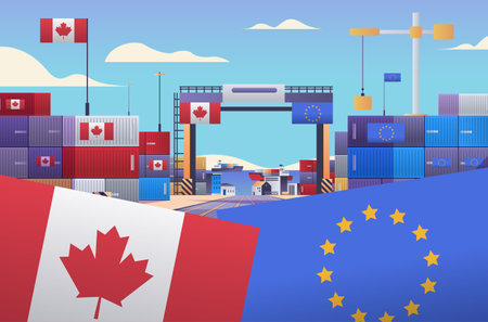 Trade war concept Canada EU containers flags shipping port cranes clear sky colorful designのイラスト素材