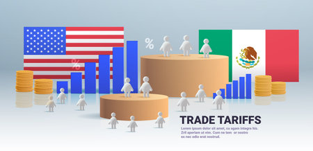 Trade war tariffs USA Mexico concept illustration. Flags coins bar charts figures on podiums represent economic conflictのイラスト素材