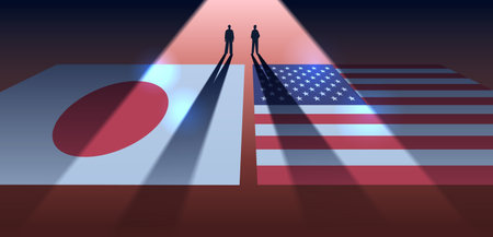 Japan USA trade war concept two silhouetted figures standing on flags spotlight dramatic tension...