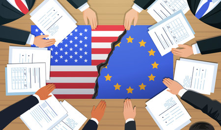 Trade war USA European Union tariffs conflict negotiation businesspeople divided table documents cracked flag economic dispute bannerのイラスト素材