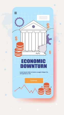 Economic downturn crisis recession falling coins broken bank declining chart financial instability blue background mobile app screenのイラスト素材